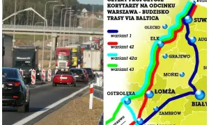 Korek na trasie Via Baltica, obok mapa z czterema wariantami przebiegu drogi Warszawa-Budzisko.