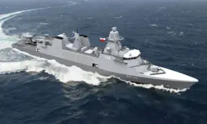 Nowoczesny niszczyciel AH140 z numerem 724, z helikopterem na pokładzie, pruje fale oceanu.