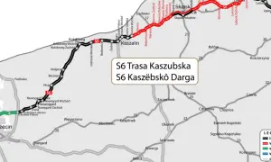 Mapa pokazuje przebieg S6 Trasa Kaszubska, łączącą Szczecin z Trójmiastem.
