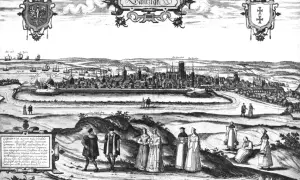 Dawny Gdańsk, miasto hanzy, z widokiem na port i zabudowania. Na pierwszym planie postacie w strojach z epoki.