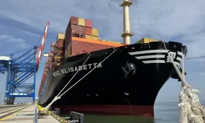 Ogromny kontenerowiec MSC Elisabetta cumuje przy nabrzeżu, gotowy do załadunku.