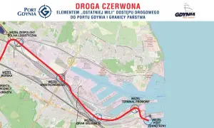 Droga czerwona, kluczowa dla dostępu do Portu Gdynia, łączy węzły: Dolina Logistyczna, Morska, Kwiatkowskiego, Terminal Promowy i Port Zewnętrzny.