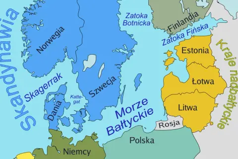 Mapa Europy Północnej z zaznaczonym Morzem Bałtyckim, Skandynawią, krajami bałtyckimi i Polską. Widać tu wyspy na Bałtyku.