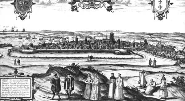 Dawny Gdańsk, miasto hanzy, z widokiem na port i zabudowania. Na pierwszym planie postacie w strojach z epoki.