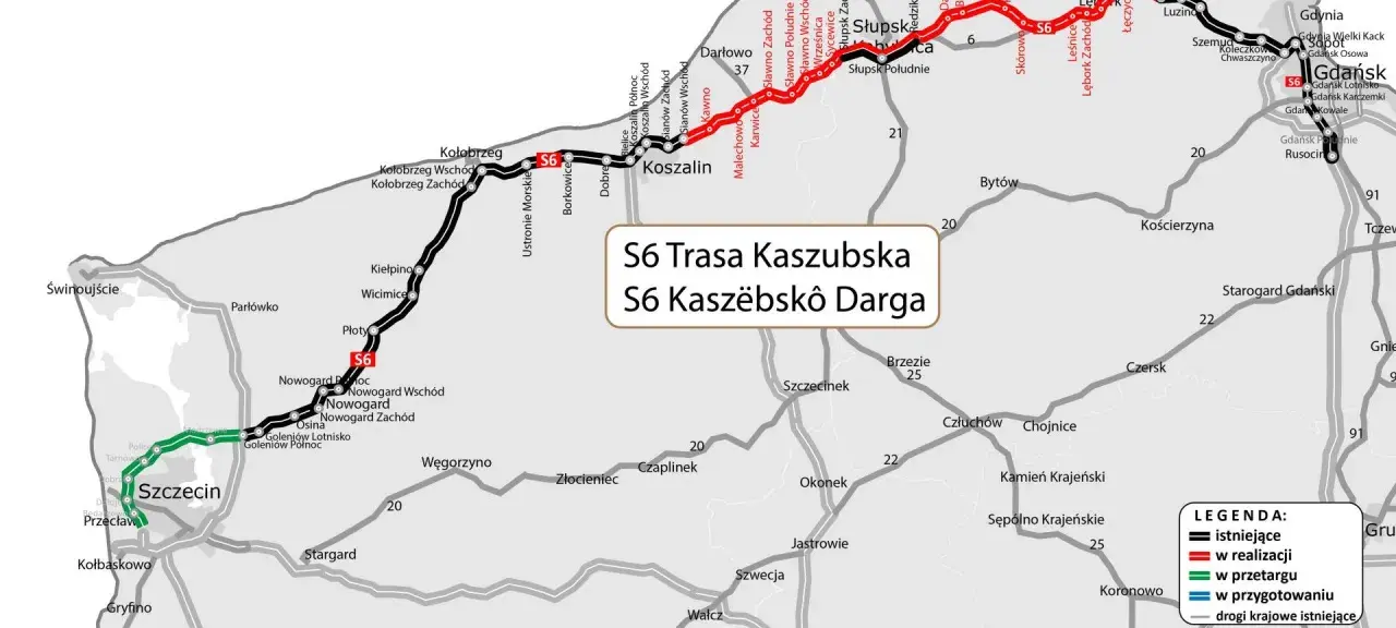 Mapa pokazuje przebieg S6 Trasa Kaszubska, łączącą Szczecin z Trójmiastem.