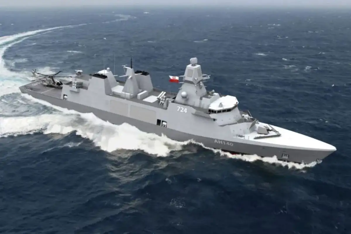 Nowoczesny niszczyciel AH140 z numerem 724, z helikopterem na pokładzie, pruje fale oceanu.