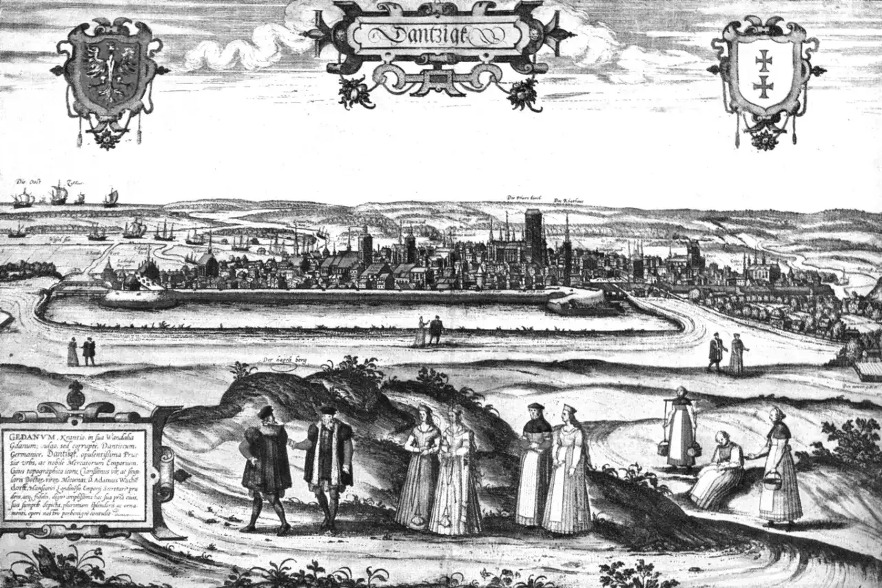 Dawny Gdańsk, miasto hanzy, z widokiem na port i zabudowania. Na pierwszym planie postacie w strojach z epoki.
