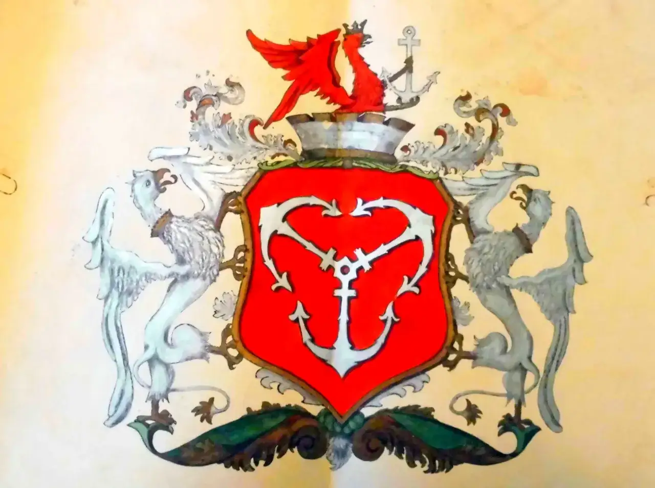 Herb Gdyni: czerwona tarcza z białym kotwicą, podtrzymywana przez dwa gryfy. Na górze czerwony smok i kotwica.
