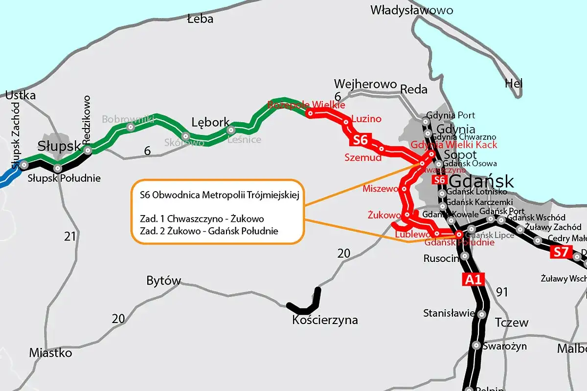 Mapa pokazuje przebieg S6 Obwodnica Metropolii Trójmiejskiej od Słupska przez Lębork, Szemud, Żukowo do Gdańska Południe.