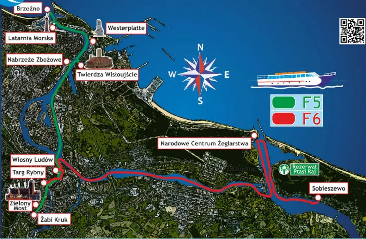 Mapa tras tramwaju wodnego w Gdańsku: od Westerplatte przez Twierdzę Wisłoujście, Targ Rybny, aż do Sobieszewa.