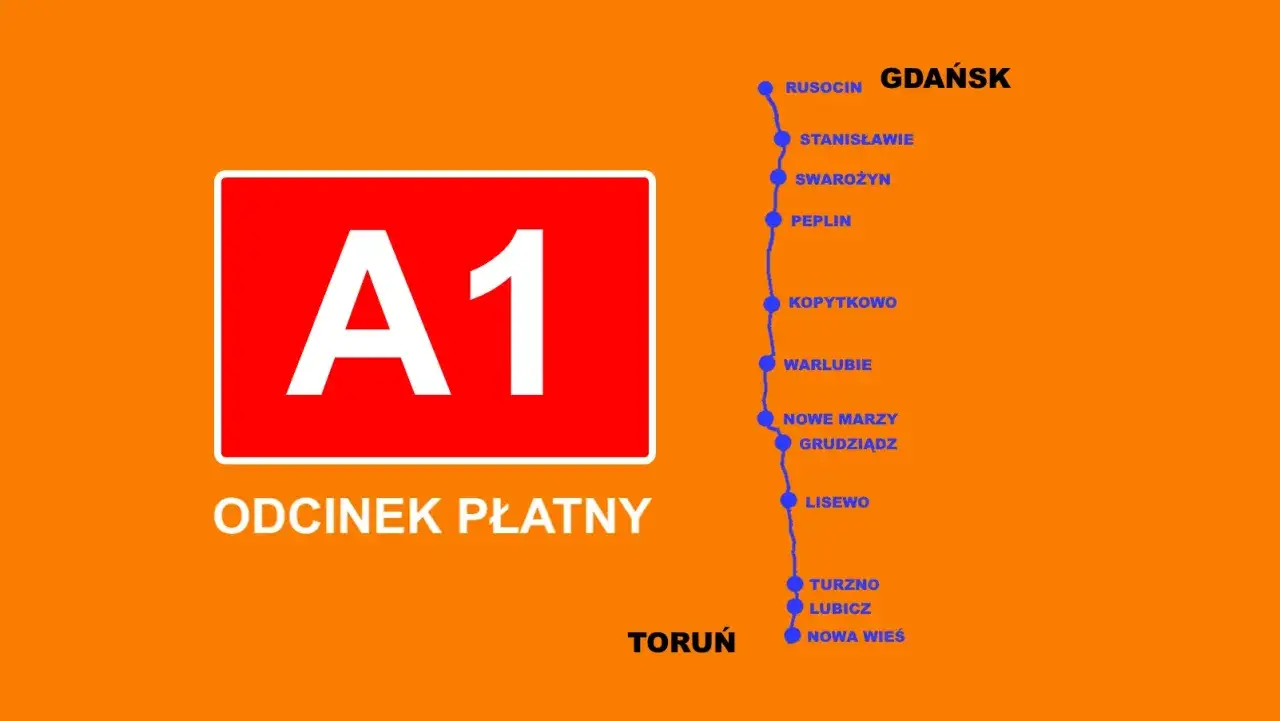 Autostradą A1 opłaty Toruń - Gdańsk. Mapa pokazuje odcinek płatny A1 z zaznaczonymi miejscowościami.