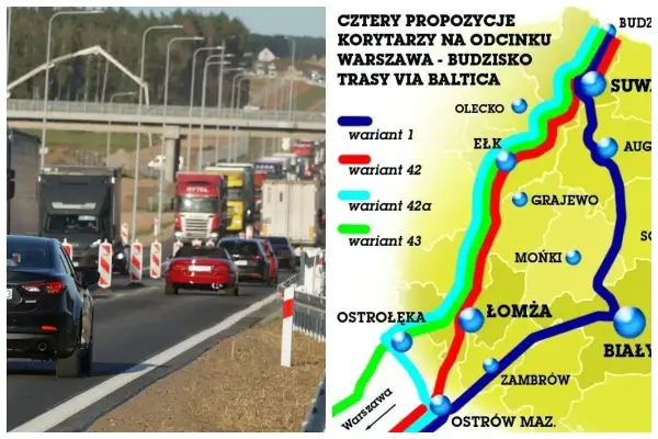 Korek na trasie Via Baltica, obok mapa z czterema wariantami przebiegu drogi Warszawa-Budzisko.
