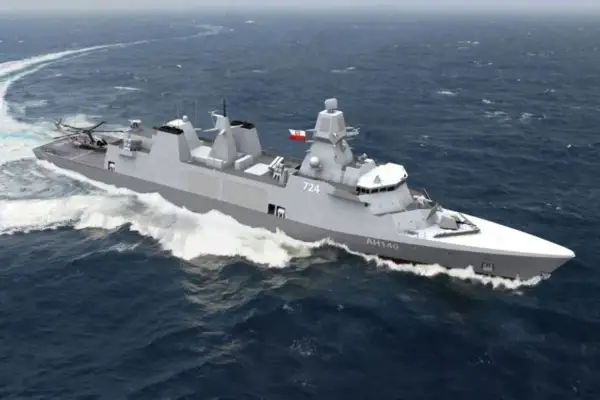 Nowoczesny niszczyciel AH140 z numerem 724, z helikopterem na pokładzie, pruje fale oceanu.