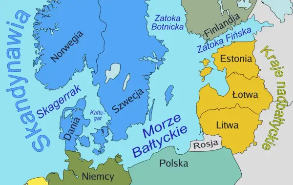 Mapa Europy Północnej z zaznaczonym Morzem Bałtyckim, Skandynawią, krajami bałtyckimi i Polską. Widać tu wyspy na Bałtyku.
