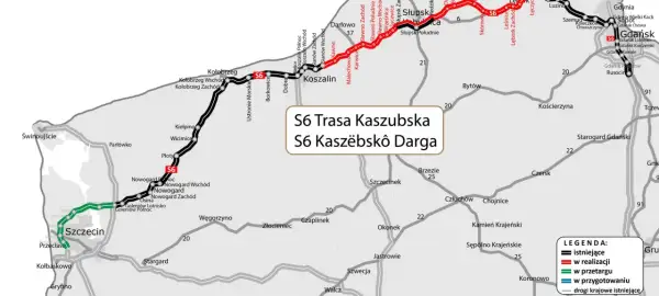 Mapa pokazuje przebieg S6 Trasa Kaszubska, łączącą Szczecin z Trójmiastem.