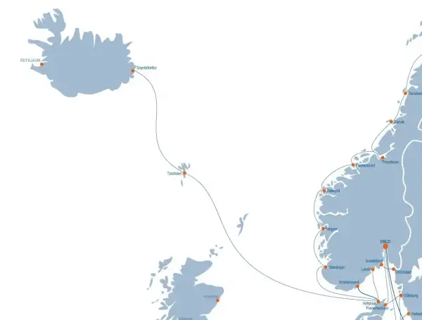 Mapa tras promowych z Islandii, przez Wyspy Owcze, do Norwegii i Danii. Planujesz podróż? Prom do Norwegii czeka!