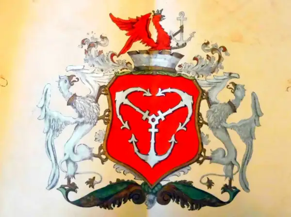 Herb Gdyni: czerwona tarcza z białym kotwicą, podtrzymywana przez dwa gryfy. Na górze czerwony smok i kotwica.